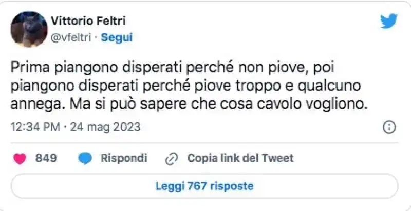 TWEET DI VITTORIO FELTRI SULL'ALLUVIONE IN EMILIA ROMAGNA