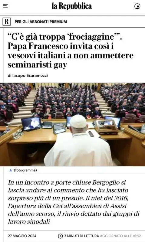 ARTICOLO DI REPUBBLICA SULLE FRASI DI PAPA FRANCESCO AI VESCOVI - 27 MAGGIO 2024