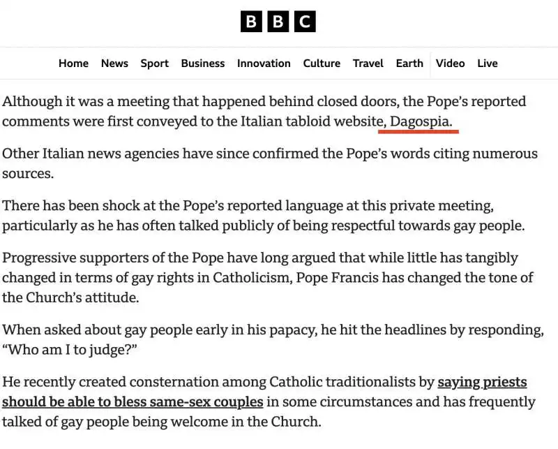 DAGOSPIA CITATA DALLA BBC PER LO SCOOP SUL PAPA E LA FROCIAGGINE 