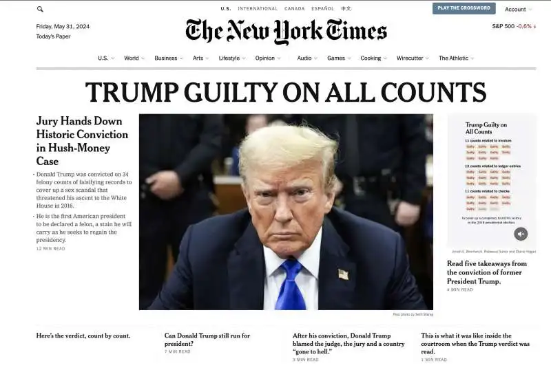 homepage del new york times sulla condanna di donald trump 