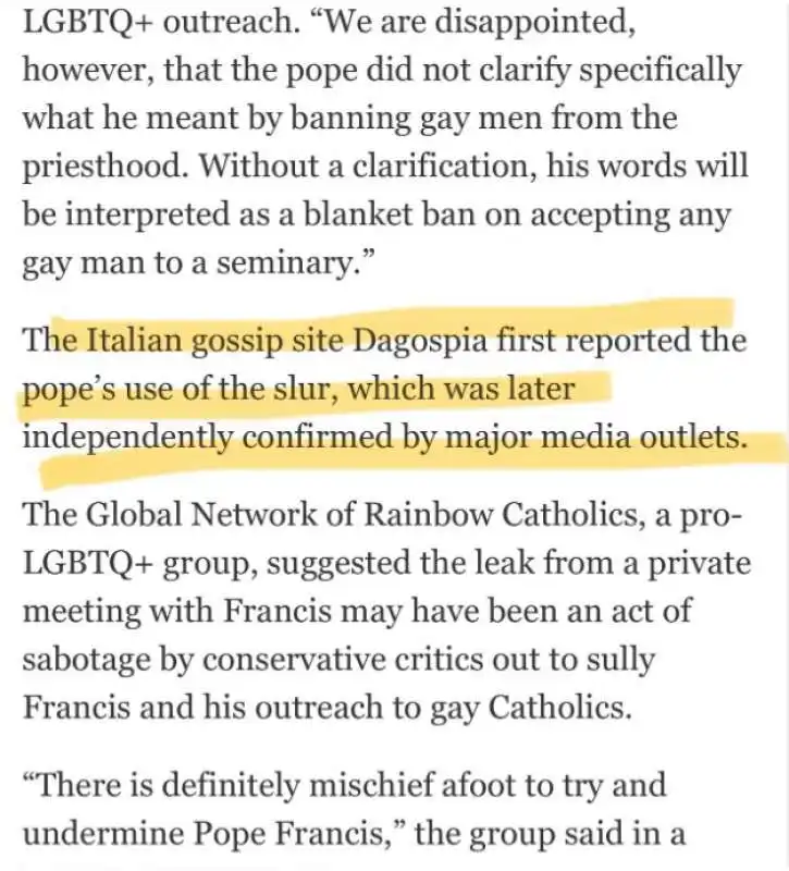 IL WASHINGTON POST CITA LO SCOOP DI DAGOSPIA SUL CASO DI PAPA FRANCESCO E LA FRASE SULLA FROCIAGGINE