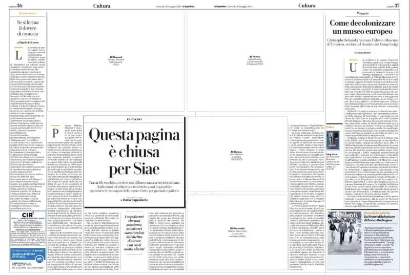 PAGINA DI REPUBBLICA SENZA IMMAGINI IN PROTESTA CON LA SIAE 