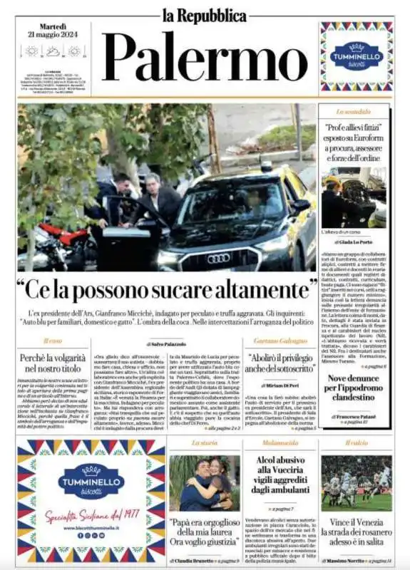 PRIMA PAGINA REPUBBLICA PALERMO CON LE INTERCETTAZIONI DI MICCICHE