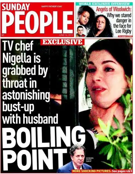 LA PRIMA PAGINA DEL SUNDAY PEOPLE CON NIGELLA LAWSON STROZZATA DA CHARLES SAATCHI jpeg