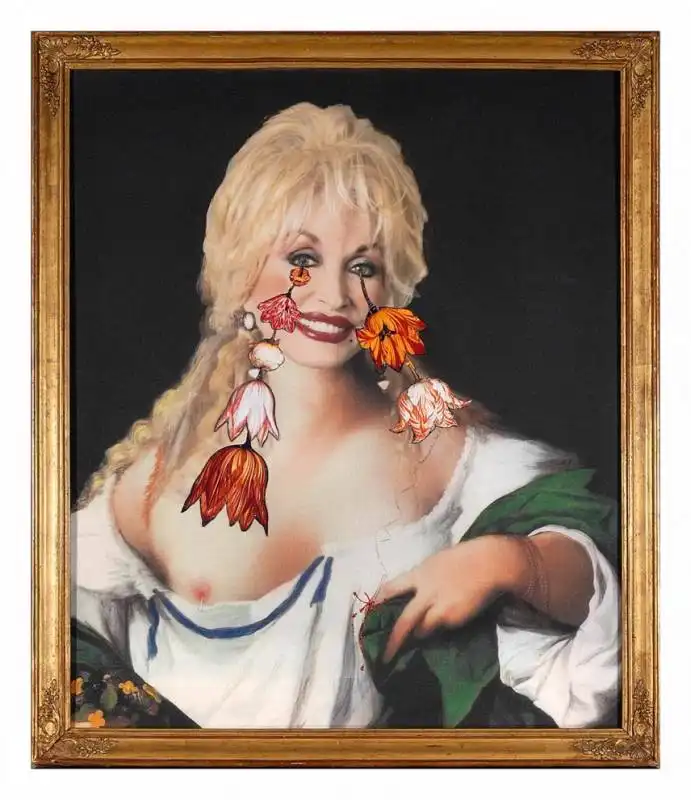 vezzoli tua(portrait of dolly parton after palma il vecchio and ambrosius bosschaert