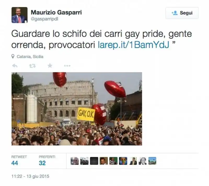 IL TWEET DI GASPARRI SUL GAYPRIDE