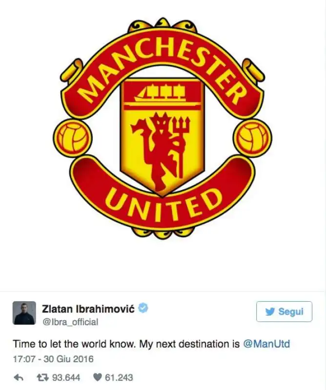 IBRAHIMOVIC ANNUNCIA IL SUO PASSAGGIO AL MANCHESTER UNITED