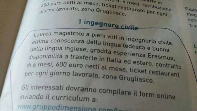 ANNUNCIO DI LAVORO PER UN INGEGNERE A GRUGLIASCO