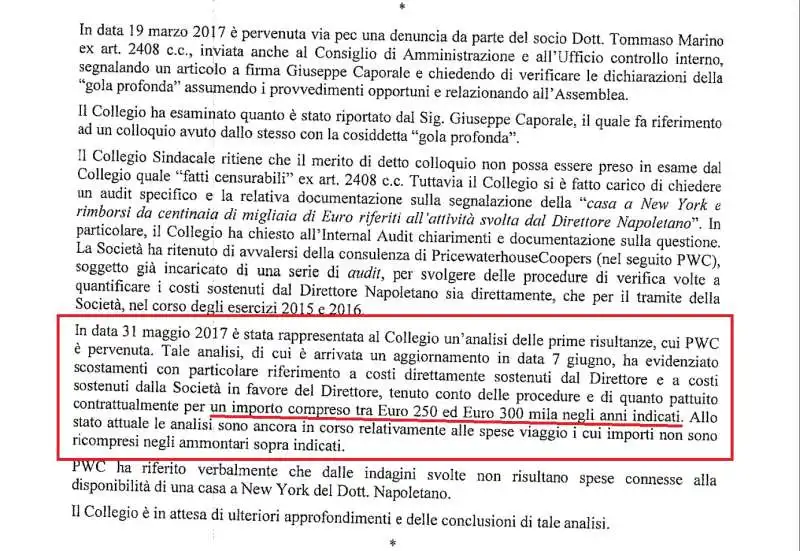 relazione sindaci su note spese roberto napoletano 