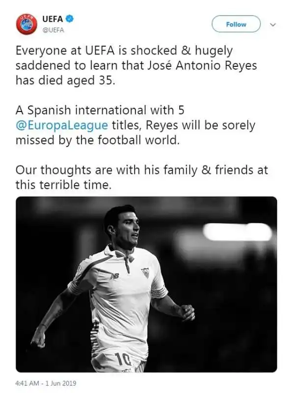 il tweet della uefa dopo la morte di jose antonio reyes