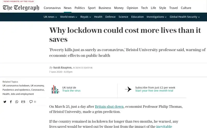 IL LOCKDOWN UCCIDE PIU' DEL VIRUS - ARTICOLO DEL TELEGRAPH