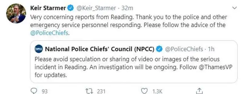 il tweet di keir starmer sull'attentato a reading