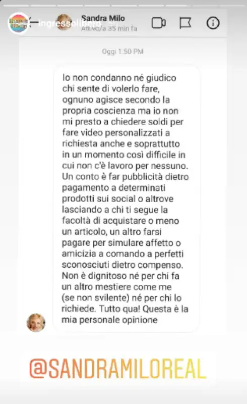 SANDRA MILO RISPONDE IN DIRECT ALLA PAGINA INSTAGRAM  INGRESSO LIBERO