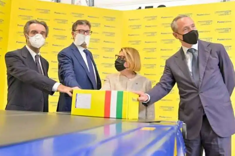 attilio fontana giancarlo giorgetit maria bianca farina matteo del fante   inaugurazione hub poste italiane landriano 