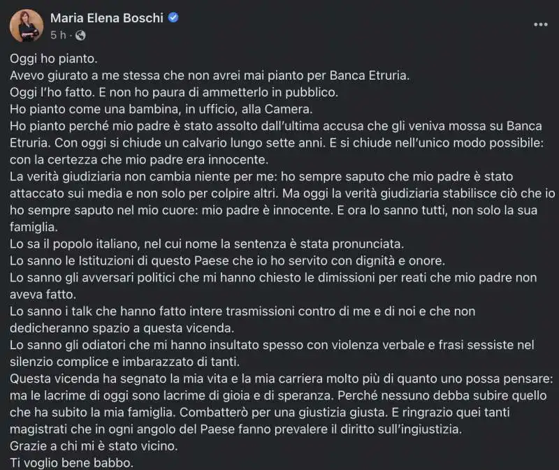 IL POST DI MARIA ELENA BOSCHI DOPO L'ASSOLUZIONE DEL PADRE 