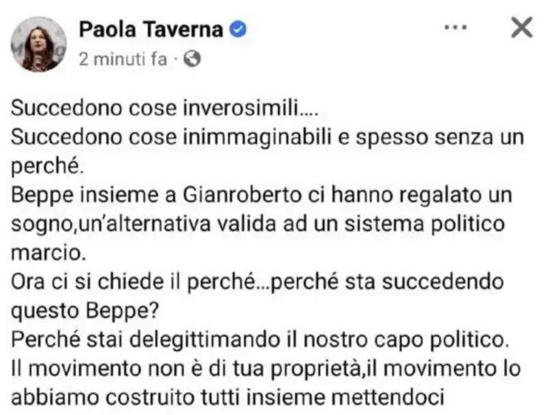 IL POST DI PAOLA TAVERNA CONTRO GRILLO 