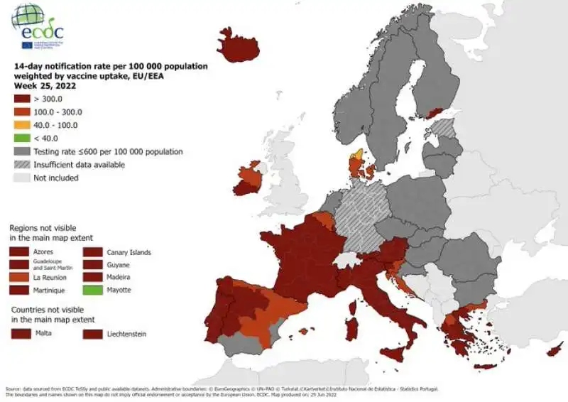 L’ITALIA SI COLORA DI NUOVO DI  ROSSO SCURO nella mappa dell ecdc 