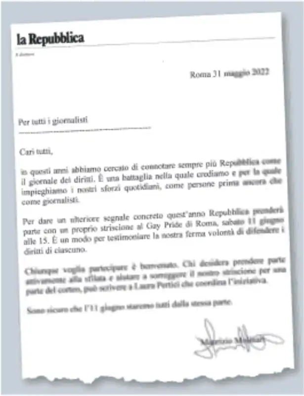 la lettera ai dipendenti di repubblica sul gay pride di Molinari