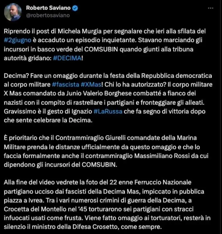 il tweet di saviano con la bufala del saluto romano alla parata del 2 giugno 