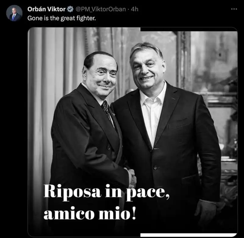 IL TWEET DI VIKTOR ORBAN PER LA MORTE DI SILVIO BERLUSCONI 