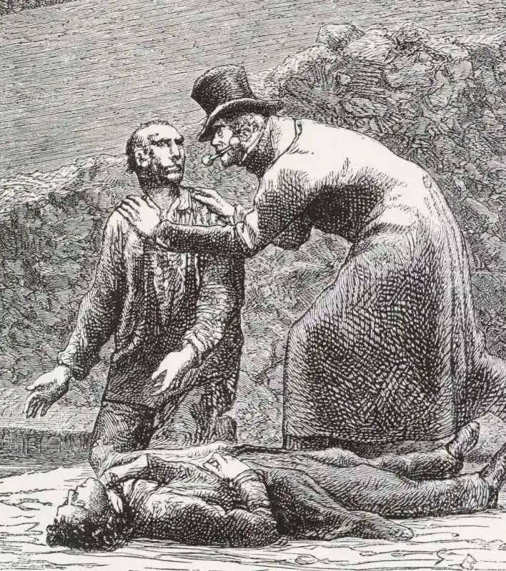 Javert trova Jean Valjean e Marius allo sbocco della rete fognaria – Illustrazione di Gustave Brion all edizione originale dei miserabili . 