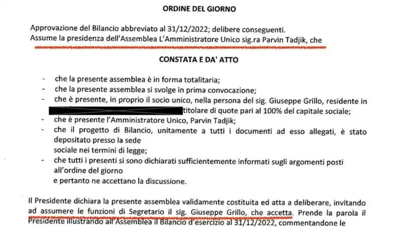 l’approvazione del bilancio nell’assemblea dei soci della gestimar srl presieduta da parvin tadjhk, moglie di beppe grillo 