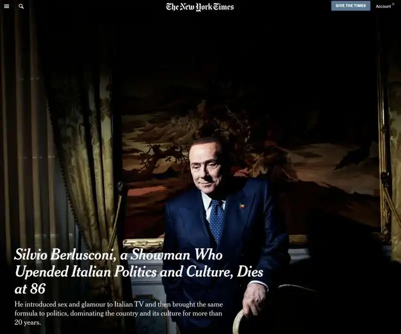 LA NOTIZIA DELLA MORTE DI SILVIO BERLUSCONI SUL  NEW YORK TIMES 