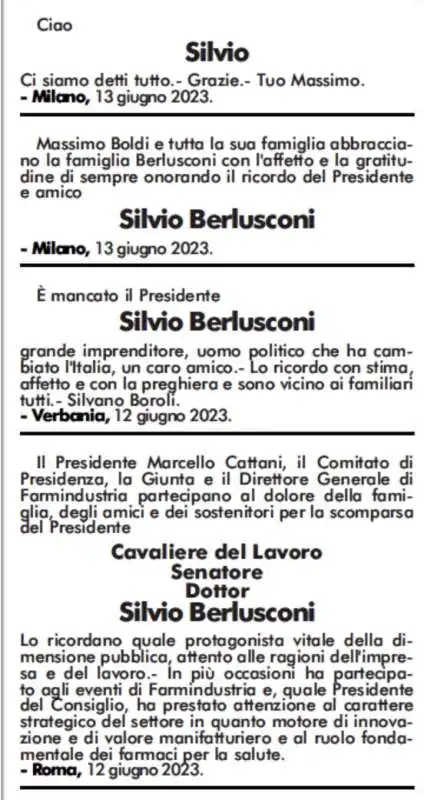 necrologi di silvio berlusconi   corriere della sera 14 giugno 2023    2