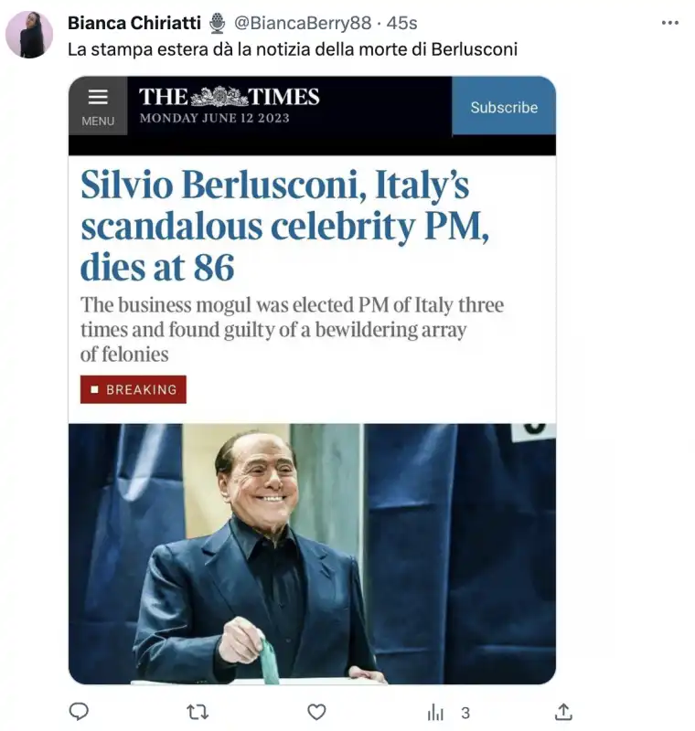 TWEET SULLA MORTE DI SILVIO BERLUSCONI