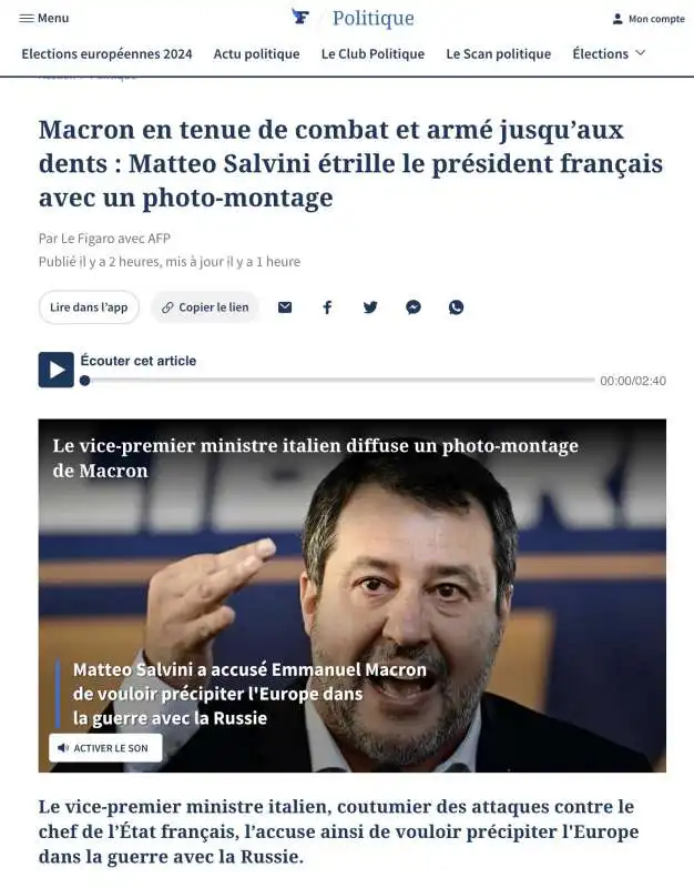 ARTICOLO DI LE FIGARO SUL FOTOMONTAGGIO DI EMMANUEL MACRON SOLDATO BY MATTEO SALVINI 