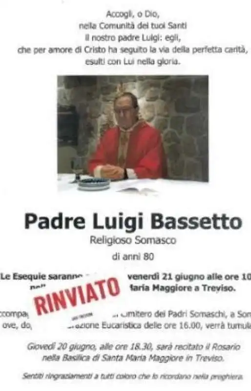 funerale rinviato di padre luigi bassetto