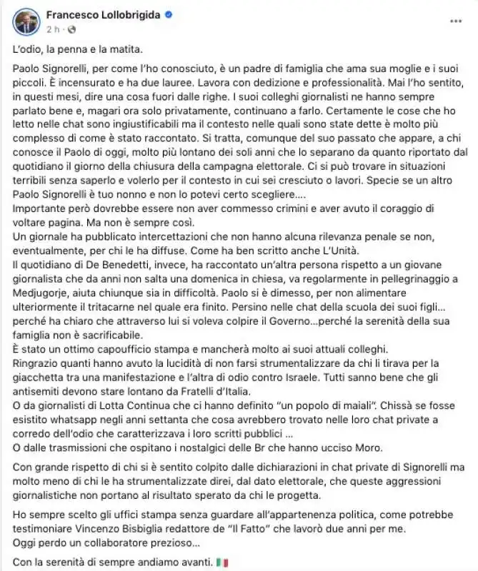 il post di francesco lollobrigida in difesa di paolo signorelli