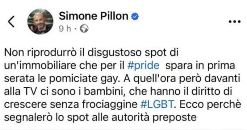 TWEET DI SIMONE PILLON CONTRO LO SPOT