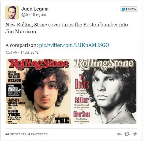 CONFRONTO COPERTINA ROLLING STONE JIM MORRISON E ATTENTATORE DI BOSTON 