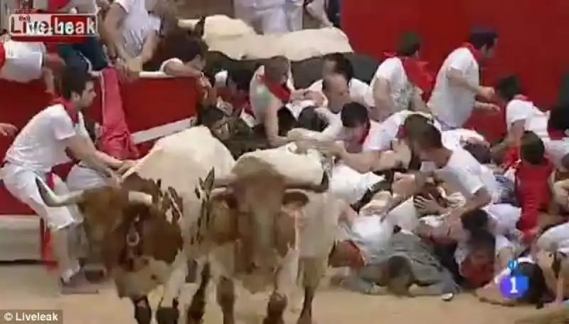 TORI CARICANO LA FOLLA ALLA FESTA DI SAN FIRMINO A PAMPLONA 