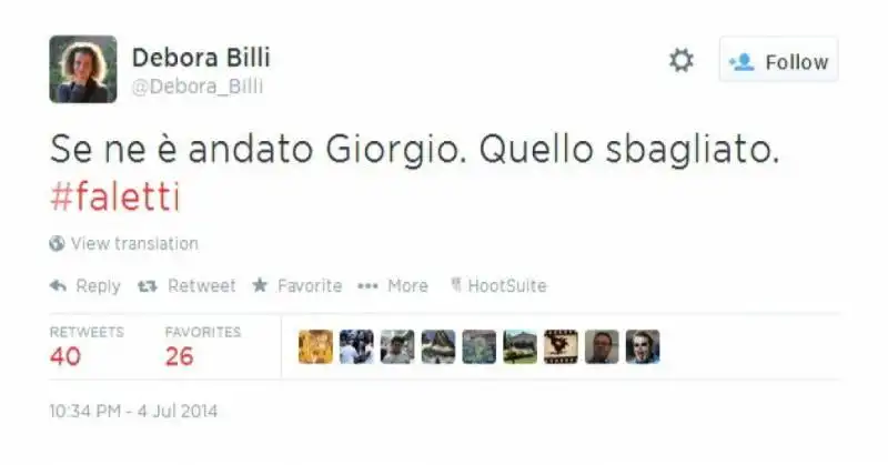 IL TWEET DI DEBORA BILLI SULLA MORTE DI FALETTI