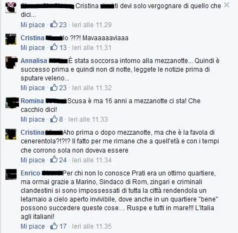 COMMENTI FACEBOOK ALLO STUPRO DELLA 15ENNE A ROMA