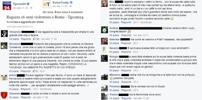 COMMENTI FACEBOOK ALLO STUPRO DELLA 15ENNE A ROMA  