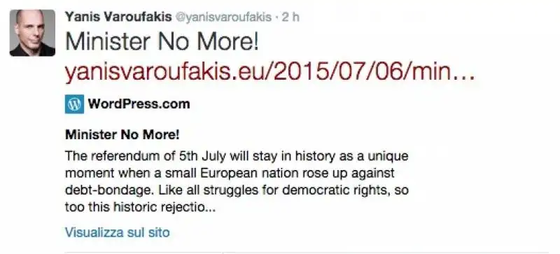 IL TWEET CON CUI VAROUFAKIS SI E' DIMESSO