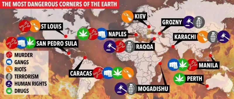 MAPPA DI THE SUN SULLE CITTA PIU PERICOLOSE DEL MONDO