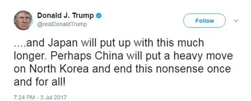 trump twitta  sui missili della corea del nord e kim jong un 