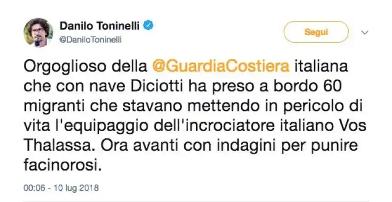 IL TWEET DI TONINELLI SULLA VOS THALASSA