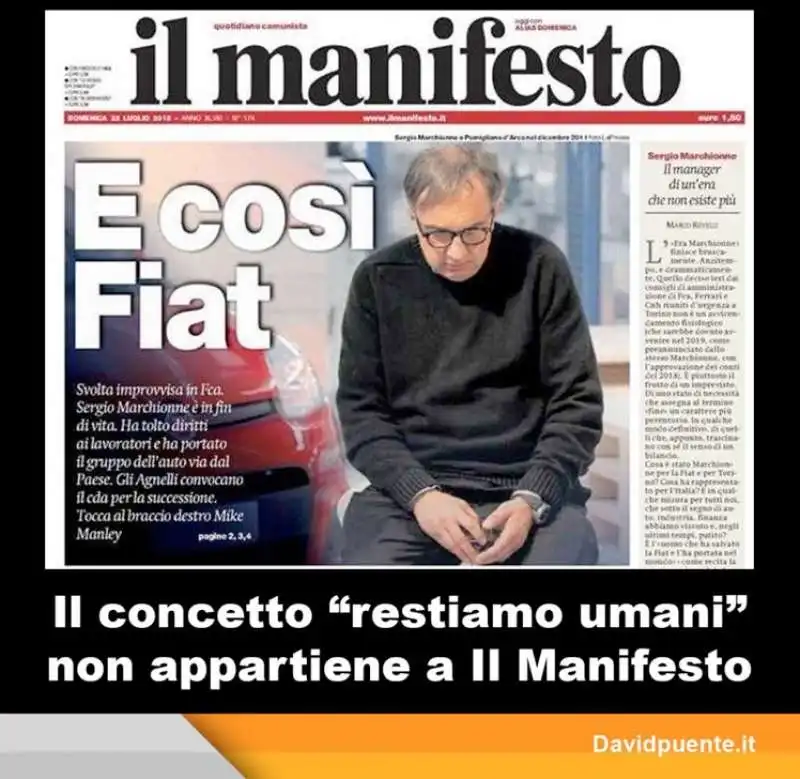 LA PRIMA PAGINA DEL MANIFESTO SU MARCHIONNE