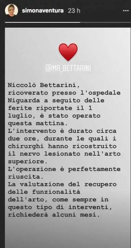 SIMONA VENTURA INSTAGRAM STORY SU NICCOLO BETTARINI