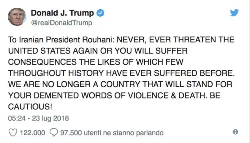 TRUMP MINACCIA L'IRAN SU TWITTER