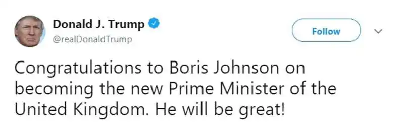 donald trump fa gli auguri a boris johnson