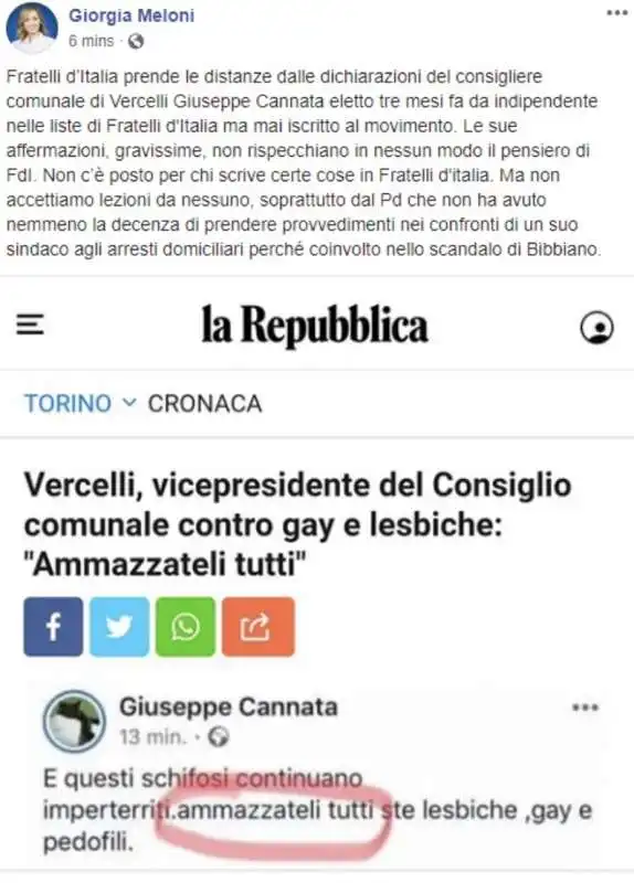 giorgia meloni prende le distanze da giuseppe cannata