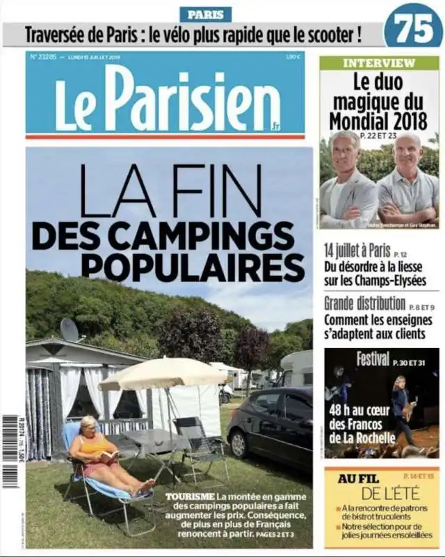 la prima pagina de le parisien sulla fine dei campeggi popolari