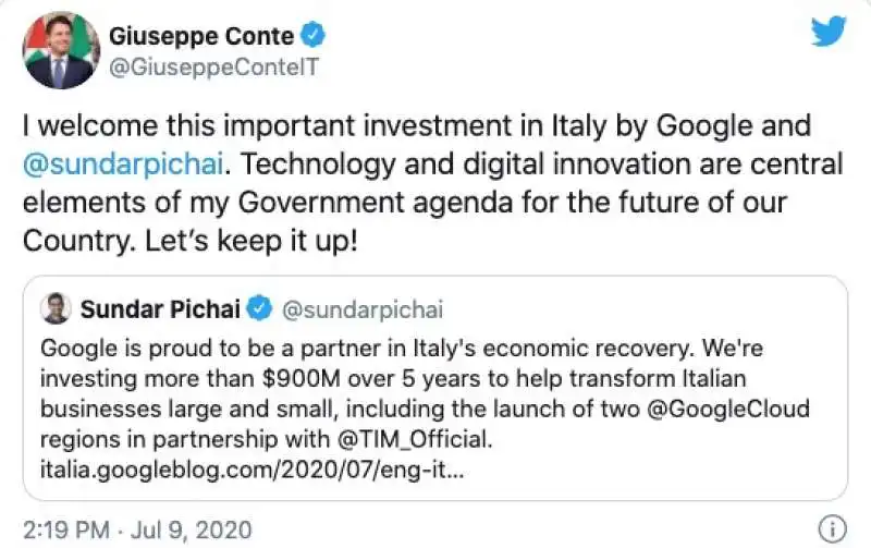 IL TWEET DI GIUSEPPE CONTE SULL'INVESTIMENTO DI GOOGLE IN ITALIA