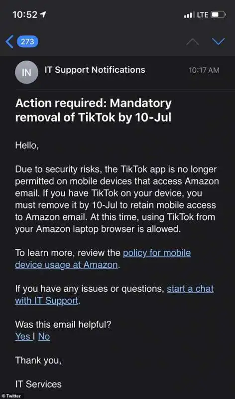 la mail di amazon ai dipendenti su tiktok